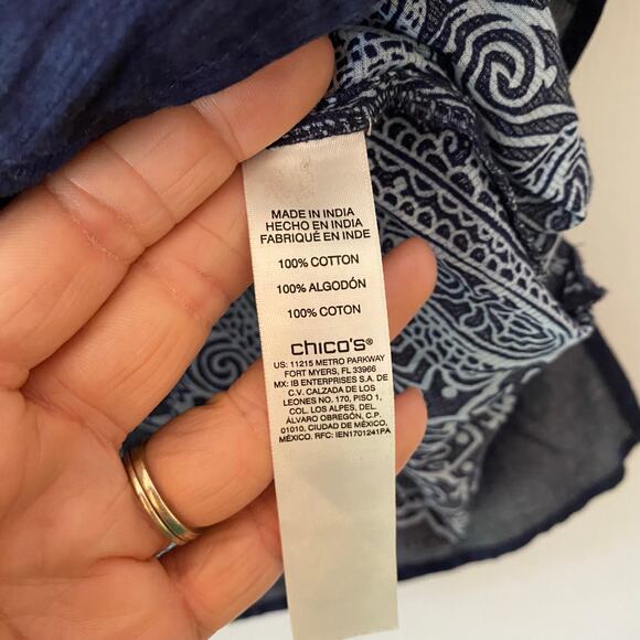 Chico's Women's size 2 / Large Navy Blue Boho Paisley Beaded Blouse 100% Cotton - Picture 11 of 11